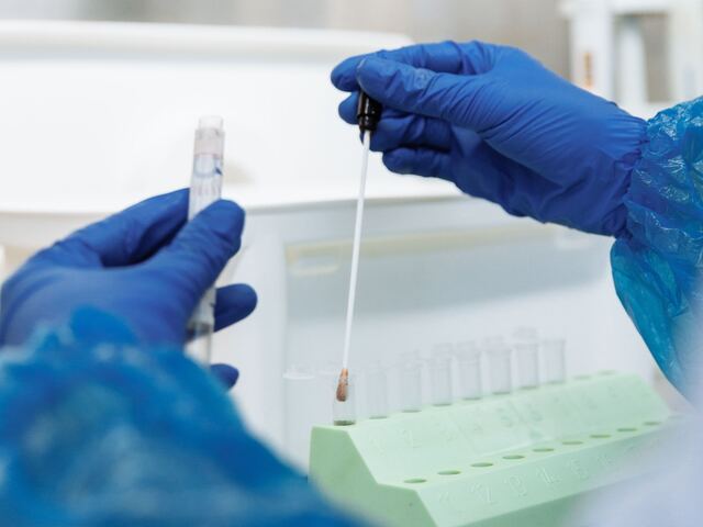 Gloved hands working at a numbered tube rack